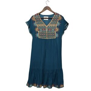 Savanna Jane Mini Dress Womens Size S Teal Cap Sleeve‎ V-Neck Embroidered Boho